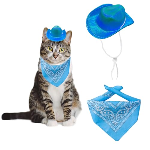 AWOCAN Cowboyhut für Hunde und Katzen, mit Bandana-Schal, Mini-Haustierkostüm für Urlaub, Halloween, Party-Dekoration (Blau-Stil2, klein) von AWOCAN