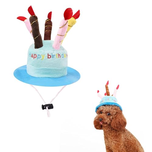 AWOCAN Haustier-Geburtstagshut wie EIN Geburtstagskuchen, verstellbar, niedlicher und wiederverwendbarer Hut mit bunten Kerzen für kleine, mittelgroße Hunde, Katzen, Kostüme, Kopfbedeckung (BLAU) von AWOCAN
