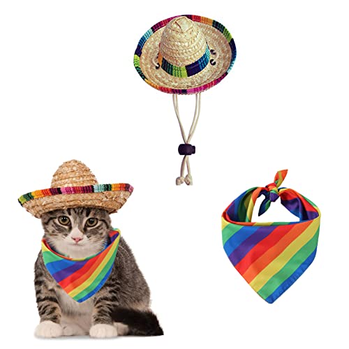 AWOCAN Haustier-Strohhut, lustig, mexikanisch, Sombrero-Mütze, Regenbogen-Schal, Party-Dekorationen für Geburtstag für kleine Haustiere, Welpen, Katze (A) von AWOCAN