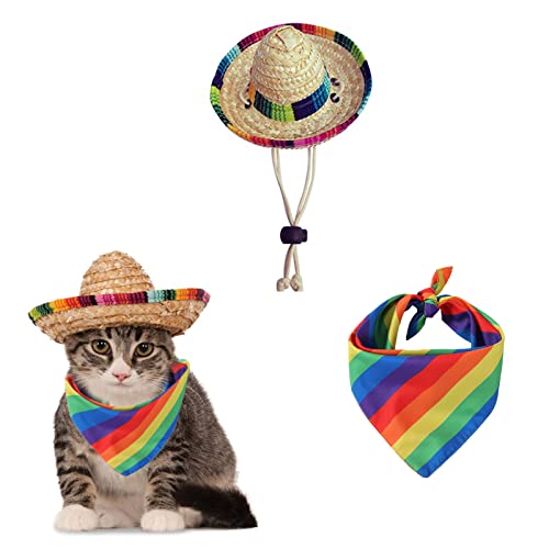 AWOCAN Haustier Strohhut Lustige Mexikanische Sombrero Kappe Regenbogen Schal Party Dekorationen für Geburtstag für kleine Haustiere, Welpen, Katze (A) von AWOCAN