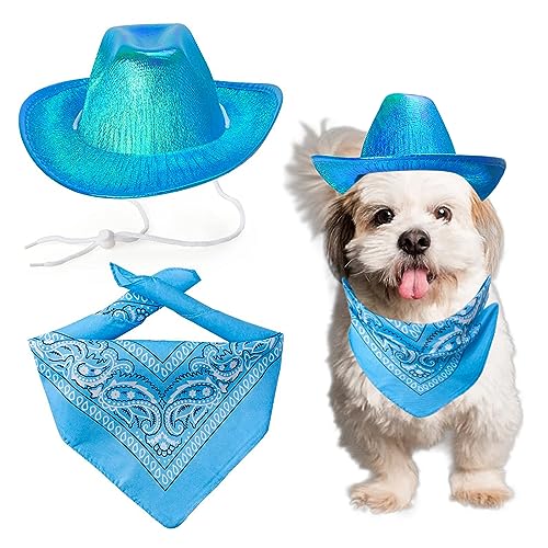 AWOCAN Hund Cowboy Hut Hund Katze Cowboy Hut Kostüm Bandana West Cowboy Zubehör für Haustier Metallic Space Glänzend Cowboy Hüte für Hund Katze (Blau) von AWOCAN