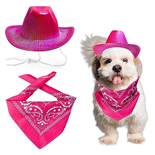 AWOCAN Hund Cowboy Hut Hund Katze Cowboy Hut Kostüm Bandana West Cowboy Zubehör für Haustier Metallic Space Glänzend Cowboy Hüte für Hund Katze (Rosarot) von AWOCAN