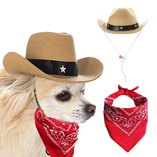 AWOCAN Hund Cowboy Hut und Bandana Schal Hund Katze Sombrero Welpen Hut Hund Katze Kostüm Cosplay Cap Welpe Haustier Hund Katze Urlaub Haustier Party Dekoration (Khaki) von AWOCAN