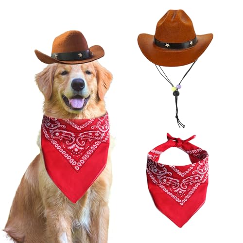 AWOCAN Hund Cowboy Hut und Bandana Schal Hund Katze Sombrero Welpe Hut Hund Katze Kostüm Cosplay Kappe Welpen Haustier Hund Katze Urlaub Haustier Party Dekoration (Kaffee) von AWOCAN