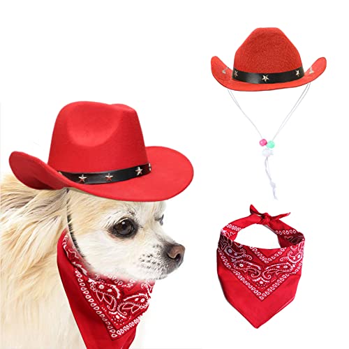 AWOCAN Hund Cowboy Hut und Bandana Schal Hund Katze Sombrero Welpe Hut Hund Katze Kostüm Cosplay Kappe Welpe Haustier Hund Katze Urlaub Haustier Party Dekoration (RED) von AWOCAN