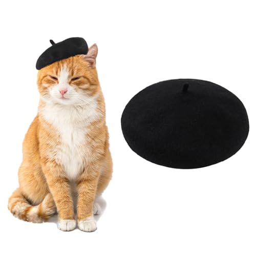 AWOCAN Hund Katze Beret Hut Haustier Französisch Beret Cap Stirnband mit verstellbaren Kinnriemen Weihnachten Kostüm Haar Accessoire Foto Requisiten für Party (schwarz) von AWOCAN
