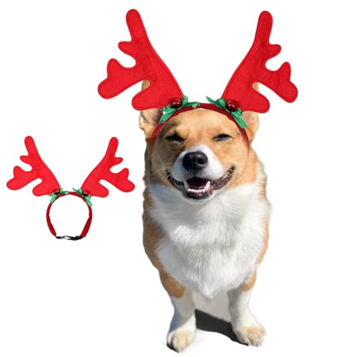 AWOCAN Hund Katze Weihnachtskostüm Weihnachten Rentiergeweih Stirnband mit Glocke Haustier Kostüme Zubehör Weihnachtsfeier Foto Requisiten für Hunde und Katzen (A) von AWOCAN