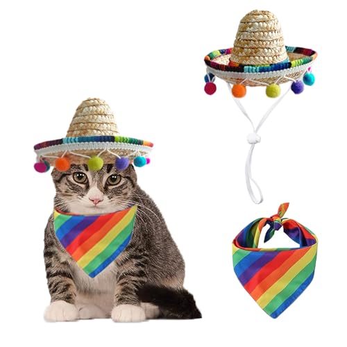 AWOCAN Sombrero für Katzen, Bandana, Schal, Regenbogen-Schal, Strohhut, Mini-Sombrero-Hut für Katzen, Welpen, kleine Hunde, Party/Geburtstag/Foto (mehrfarbig + S) von AWOCAN