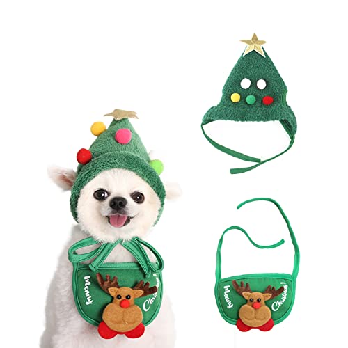 AWOCAN Weihnachts-Kostüm-Set für Haustiere, verstellbar, mit Rentier-Geweih, Weihnachtsbaum, Stirnband und Haustier-Weihnachtszubehör, Schal (Grün, S) von AWOCAN
