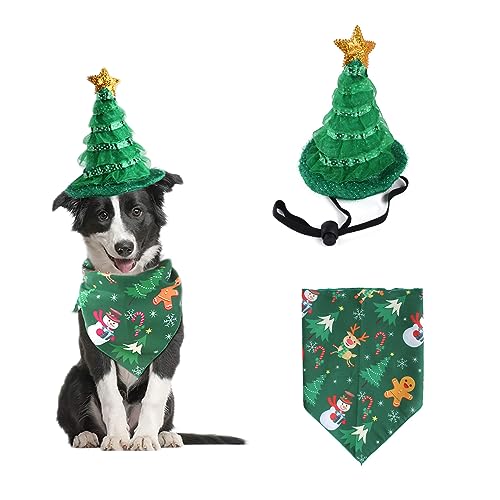 AWOCAN Weihnachtskostüm für Hunde und Katzen, Weihnachtsbaum-Stirnband, Bandana, Schal, Haustierkostüm für Welpen, Kätzchen, Weihnachten, Haustier-Party, Weihnachts-Set, Kleidung (grün), 2 Stück von AWOCAN