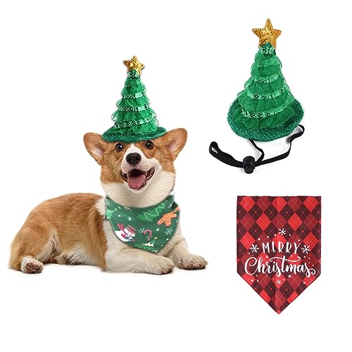 AWOCAN Weihnachtskostüm für Hunde und Katzen, Weihnachtsbaum-Stirnband, Bandana, Schal, Haustierkostüm für Welpen, Kätzchen, Weihnachten, Haustier-Party, Weihnachts-Set, Kleidung (rot) von AWOCAN