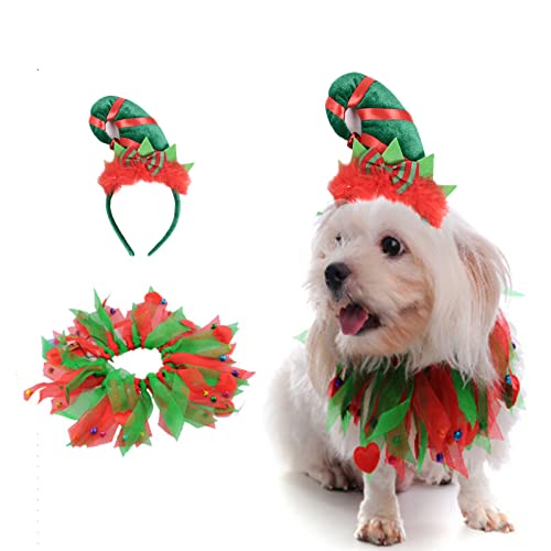 AWOCAN Weihnachtskostüm für Hunde und Katzen, mit Halsband und Elfen-Stirnband, Rot und Grün, 2 Stück von AWOCAN