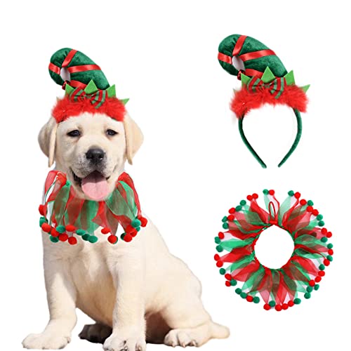 AWOCAN Weihnachtskostüm für Hunde und Katzen, mit Weihnachtshalsband und Elfen-Stirnband, Rot und Grün, 2 Stück von AWOCAN