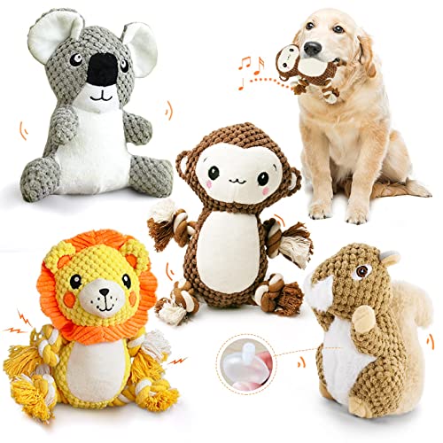 AWOOF Spielzeug für Hunde, 4 Pack Interaktives Plüsch Hundespielzeug, stabiles Hundespielzeug Quietschend mit Baumwollstoff, Kauknochenspielzeug für Welpen, kleine, mittelgroße von AWOOF