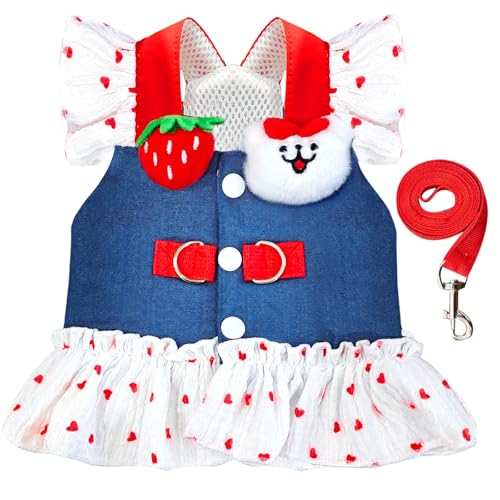 Hundegeschirr und Leine, Set aus Denim, Katzengeschirr, Kleid für Mädchen, Welpen, Kleidung für Mädchen, rosa Hund, Geburtstagskleid, französische Bulldogge, Geschirr mit Erdbeerbär-Dekoration Hundegeschirr und Leine, Set aus Denim, Katzengeschirr, Kleid für Mädchen, Welpen, Kleidung für Mädchen, rosa Hund, Geburtstagskleid, französische Bulldogge, Geschirr mit Erdbeerbär-Dekoration von AXIIJGL