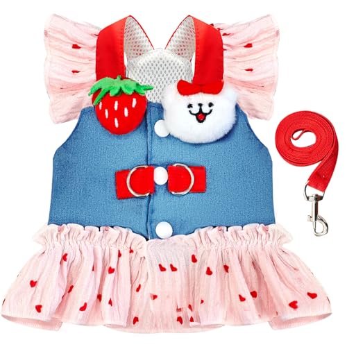 Hundegeschirr und Leine, Set aus Denim, Katzengeschirr, Kleid für Welpen, Kleidung für Mädchen, rosa Hund, Geburtstagskleid, französische Bulldogge, Geschirr mit Erdbeerbär-Dekoration Hundegeschirr und Leine, Set aus Denim, Katzengeschirr, Kleid für Welpen, Kleidung für Mädchen, rosa Hund, Geburtstagskleid, französische Bulldogge, Geschirr mit Erdbeerbär-Dekoration von AXIIJGL