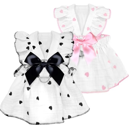 Hundekleid für kleine Hunde, Mädchen, Hündinnen, Katzenkleid, niedlich, Baumwolle, extra Sommerkleidung, Schleifen-Dekor, bedruckt, Erdbeere, Geburtstags-Outfit, Welpenkleidung (Hellrosa und Schwarz von AXIIJGL