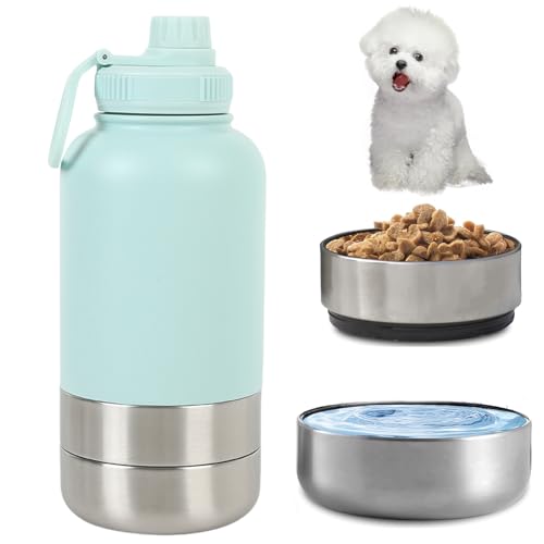 950ML Trinkflasche Hunde für Unterwegs, Wasserflasche mit Futternapf und Wassernapf, Hundetrinkflasche für Unterwegs, Hundeflasche mit Futterbehälter, Napf, Hund, Reisen, Spaziergang, Wandern von AXVRAV