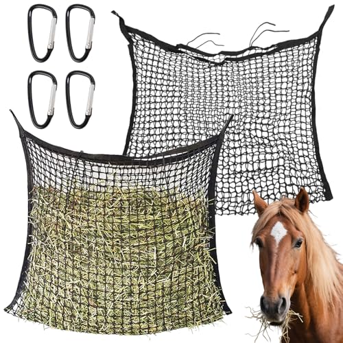 AXVRAV 2 Stück Heunetz für Pferde 90x80cm, Engmaschiger Heusack mit 4 Karabinerhaken, Groß 8–10kg Füllmenge Heutasche Artgerechte Fütterung Verlängerte Fresszeit für Pferde Ochsen und Schafe von AXVRAV