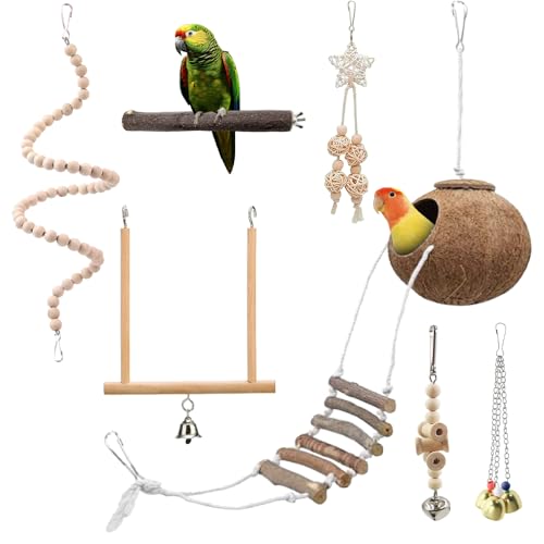 AXVRAV 7 Stück Vogel Spielzeug Set für Wellensittiche & Papageien, Naturholz Vogelkäfig Zubehör mit Kokosnuss Leiter Hängematte & Sitzstange zum Klettern Schwingen und Kauen von AXVRAV