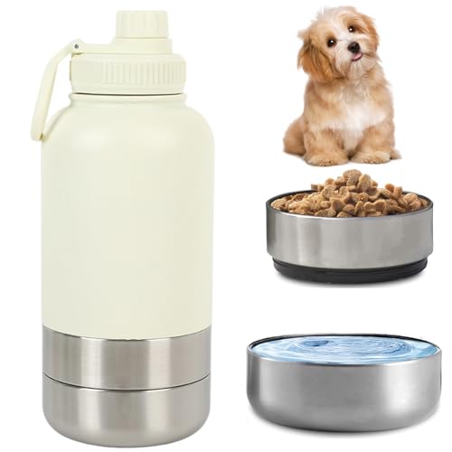 Pets Hundetrinkflasche für Unterwegs, 950ml Isolierte Edelstahl Trinkflasche Hunde mit Futterbehälter Wassernapf Tragegriff, Tragbare Hundeflasche BPA-frei für Reise Spaziergang (Cremeweiß, L) von AXVRAV