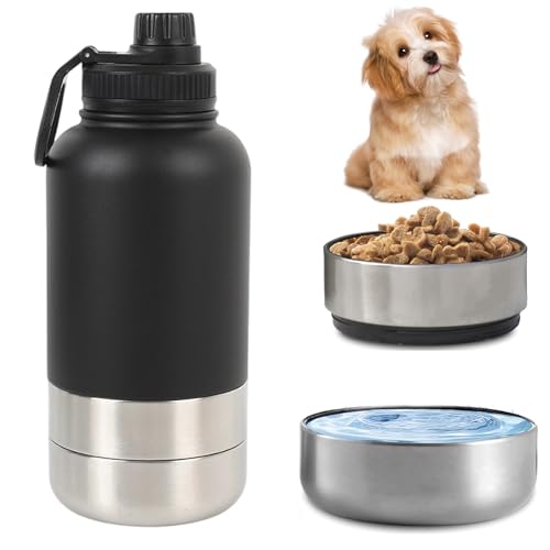 Pets Hundetrinkflasche für Unterwegs, 950ml Isolierte Edelstahl Trinkflasche Hunde mit Futterbehälter Wassernapf & Tragegriff, Tragbare Hundeflasche BPA-frei für Reise Spaziergang & Outdoor, Schwarz von AXVRAV