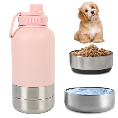 Pets Hundetrinkflasche für Unterwegs, 950ml Isolierte Edelstahl Trinkflasche Hunde mit Futterbehälter Wassernapf & Tragegriff, Tragbare Hundeflasche BPA-frei für Reise Spaziergang & Outdoor, Rosa von AXVRAV