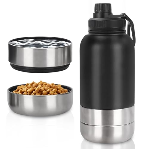 Trinkflasche Hunde für Unterwegs 950ml – Isolierte Edelstahl Hundetrinkflasche Wasserflasche mit Futternapf & Wassernapf, Tragbare Hundeflasche BPA-frei für Reise Spaziergang & Outdoor von AXVRAV