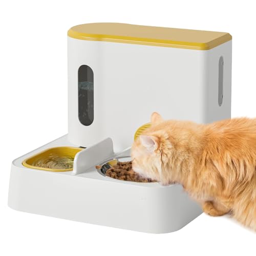 2 in 1 Pet Feeder Wasserspender Set Automatischer Katzenfutterspender Edelstahl Schwerkraft Haustier Futternapf & Wasserspender 2.8L + 1L für Hunde Katzen Kleine Haustiere Gelb von AYLIORUY
