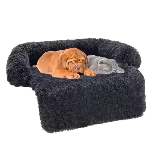 Haustier-Hunde-Couch-Bett, wasserdicht, beruhigendes Hundebett, Matte mit abnehmbarem, waschbarem Bezug, rutschfeste Unterseite, Plüsch-Schlafmatratze für große Hunde, Schwarz, L von AYLIORUY