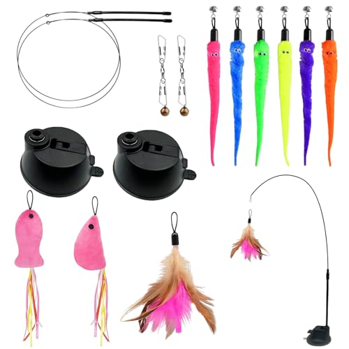 AYNKH Interaktive Feder Katze Teaser Wand Spielzeug, 15 Stück langlebige Angelstang Federn Wand mit Glocken verbesserte Saugtasche Katzen, Katze Spielzeug für Indoor-Spiel von AYNKH