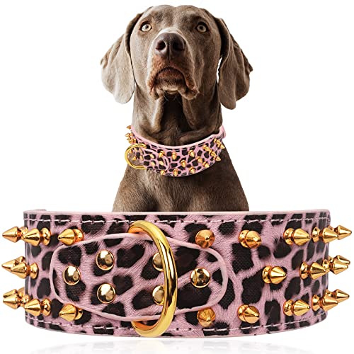 5.1 cm extra breites Hundehalsband aus PU-Leder, mit Nieten, modisches und farbenfrohes Hundehalsband, mit Legierung, weich und verstellbar für mittelgroße und große Haustiere (Größe S, rosa Leopard) von AYiFFWTEO