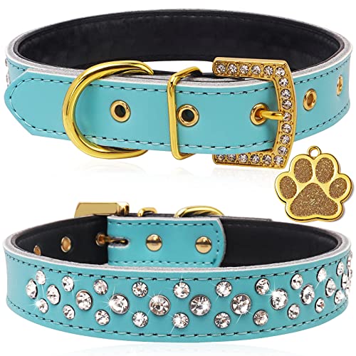 Diamond Dog Collar Adjustable Soft Pu Leather Collar with Golden Rhinestone Buckle Bling Collars for Small Medium Dogs Cat(Blue,L) von AYiFFWTEO