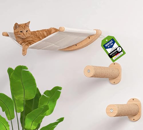 AZANO® Kletterwand Katzen | Katzenhängematte XL [Extra Stabil und Groß] mit Katzentreppe für die Wand | Katzenleiter mit Schlafplatz | Katzenbett zum Klettern aus Natur-Holz | 3-Teilig von AZANO