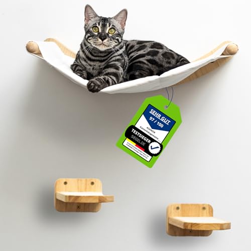 AZANO® Kletterwand Katzen | Katzenhängematte XL (Beige mit Treppchen) von AZANO