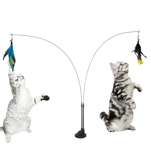 AZOOB Katzenfeder-Zauberstab-Spielzeug, Kätzchen-String-Spielzeug, Interaktives Katzenspielzeug mit Super-Saugnapf, Abnehmbarer Feder-Ersatzstab, Katzenfeder für Spielübungen für Katzen von AZOOB