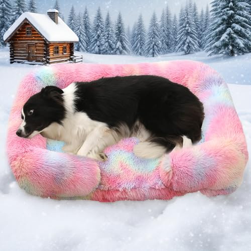 Orthopädisches Hundebett Grosse Hundesofa: Wärme rutschfest Bissfestigkeit Eiförmiger Schwamm Hundekissen Abnehmbar Quaste Hundematte Wintergeschenk für Tierliebhaber an ihre Hunde (Regenbogen, L) von AZVFLY