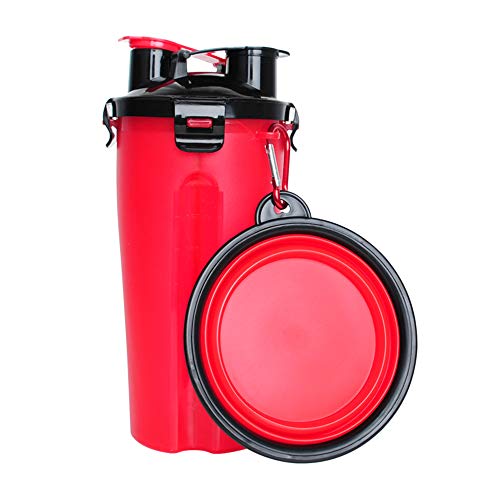 AZX Tragbar 2 in 1 Hund Trinkflasche mit Faltbarer Schüssel Outdoor-Reisen Katze Hund Wasserflasche Dispenser Für 250g Snack und 350ml Wasser Multifunktion (Rot) von AZX