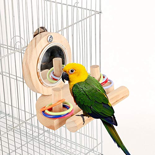 AZXAZ Holz Vogel Barsch Mit Spiegel Bunte Puzzle Ring Papagei Kauspielzeug Für Vögel Training Spielstand Spaß Käfig Spielzeug von AZXAZ