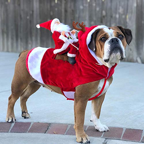 AZXAZ Weihnachtskostüm Reiten auf Haustier Outfit Roter Weihnachtsmann Reiten Hirsch Hundeanzug Weicher Warmer Wintermantel Für Hundekatze Festival Cosplay Kleidung (L) von AZXAZ