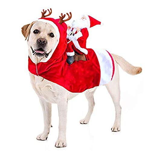AZXAZ Weihnachtskostüm Reiten auf Haustier Outfit Roter Weihnachtsmann Reiten Hirsch Hundeanzug Weicher Warmer Wintermantel Für Hundekatze Festival Cosplay Kleidung (XL) von AZXAZ