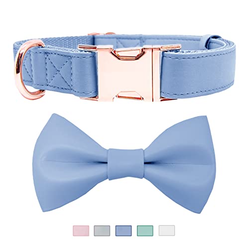 Hundehalsband aus weichem Leder mit Fliege – verstellbares, süßes Fliegehalsband [leicht zu reinigen] mit stilvoller Roségold-robuster Metallschnalle für kleine, mittelgroße und große Hunde, Blau M von AaufiLux