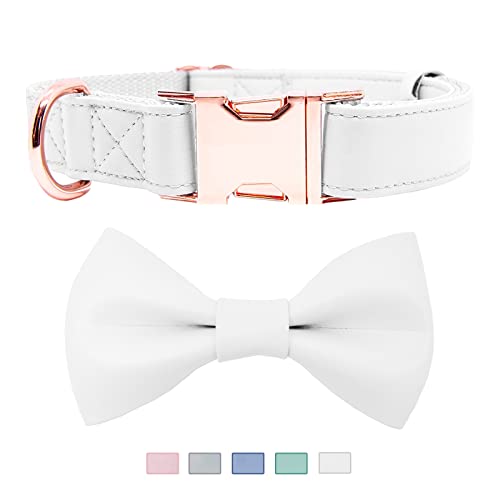 Hundehalsband aus weichem Leder mit Fliege – verstellbares, süßes Fliegehalsband [leicht zu reinigen] mit stilvoller Roségold-robuster Metallschnalle für kleine, mittelgroße und große Hunde, Weiß M von AaufiLux