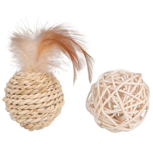 Abaodam 2 Stück Katzen Bälle aus Rattan Interaktive Katzenspielzeuge für Drinnen mit Klingendem Corn Braid Design für Kätzchen und Wohnungskatzen von Abaodam