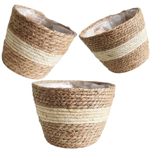 Abaodam 3 Stück Rattan Blumenkorb Wäschekorb Wäschekörbe Pflanzenkörbe drinnen zimmerpflanzen blumenbank Korbpflanzer Geflochtene Aufbewahrungskörbe zum Organisieren Stroh von Abaodam