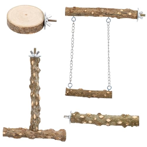 Abaodam 4 Stück Teiliges Naturholz Vogel Sitzstangen für Papageien und Sittiche Mit Schaukel und Förmigem Stand Einfache Installation und Pflege für Vogelkäfige von Abaodam