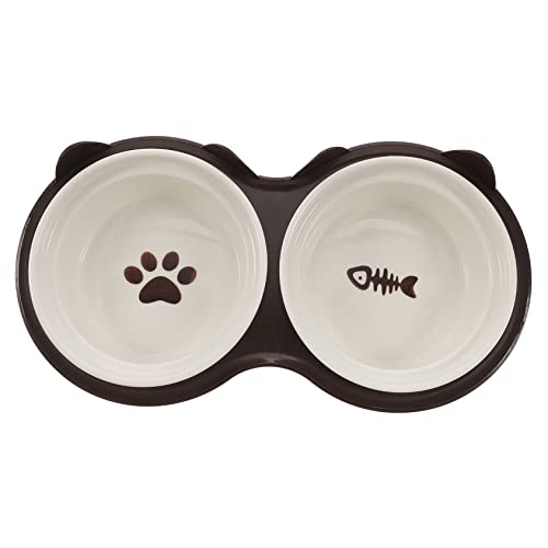 Abaodam Keramik Katzennapf mit Erhöhtem Fuß Schräger für Nackenschutz Braunes Robustes Design Rutschfestes Bambusgestell für Katzen Kleine Hunde und Kaninchen Indoor Haustiernapf von Abaodam