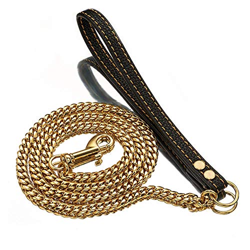 1,2 m Lange Hundeleine, Metall, 18 Karat Gold, kausicher, unzerstörbar, cool, Beste Leine, Kettenglieder für Haustiere, langlebig, groß, mit Ledergriff (0,9 m) von Abaxaca