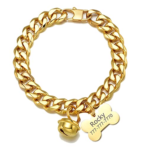 Hundehalsband für Katzen, 18 Karat Gold, Edelstahl, kaufest, kubanische Gliederkette mit goldfarbener Glocke und personalisierbarem QR-Code, Knochenanhänger von Abaxaca