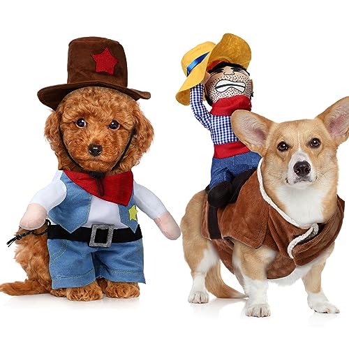 Abbylike 2 Pcs Halloween Cowboy Rider Dog Costume Knight Style Pet Costume with Doll and Hat Funny Halloween Costumes for Dogs Pet Suit Dogs Clothes Cosplay Apparel for Cat Dog Puppy Pet (Medium) von Abbylike